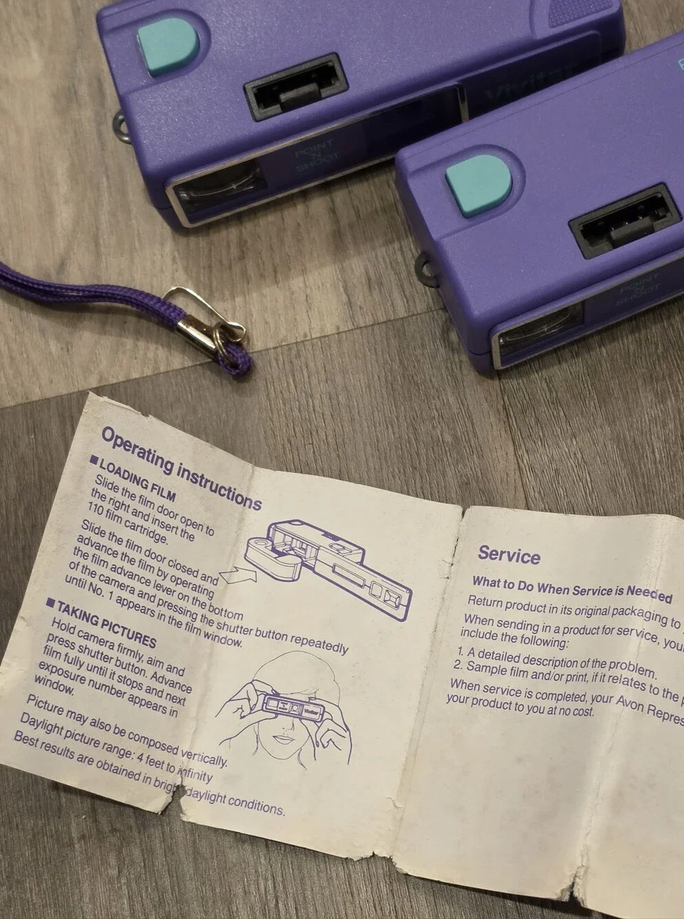2 Vtg 1987 Vivitar Point 'N Shoot 110 Film Cameras Purple w/ Manual & 3 Cases